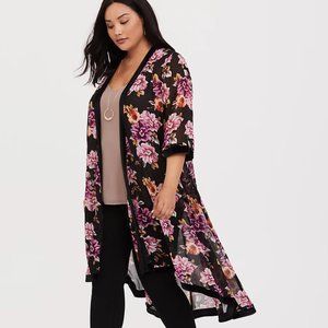 Torrid Black Floral Velvet Trim Chiffon Kimono Size 3/4